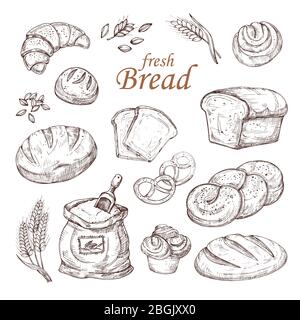 Skizze Brot, Hand gezeichnet Backwaren Vektor-Set isoliert auf weißem Hintergrund. Skizze Laib Bäckerei Zeichnung, Brötchen frische Illustration Stock Vektor