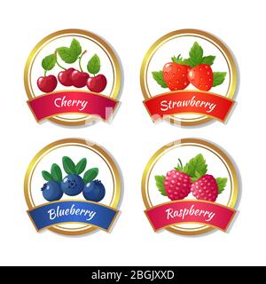 Etiketten für Beerenmarmelade und Marmelade. Frische Sommer Früchte Aufkleber Vektor Vorlage. Natürliche Marmelade Emblem Erdbeere und Himbeere Illustration Stock Vektor