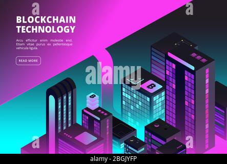 Isometrisches Konzept der Kryptowährung. Hintergrund für Blockchain- und Bitcoin-Austausch mit intelligenten Stadtgebäuden. Vektorgrafik. Ultraviolette Wolkenkratzer Gebäude, ico Geschäft Stock Vektor