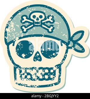 Ikonische verzweifelte Aufkleber Tattoo Stil Bild eines Piraten Schädel Stock Vektor