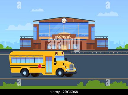 Schulgebäude. College außen mit gelben Bus. Ausbildung. Grundschule Vektor-Konzept. Vektor Bus College, Schule Gebäude Illustration Stock Vektor