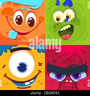 Cartoon Monster Gesichter. Unheimlich Karneval Alien Monster Masken. Vektor-Zeichen setzen Monster Gesicht, glücklich lustige Alien Kreatur Illustration Stock Vektor