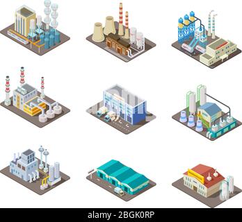 Isometrische Werkseinstellung. 3d Industriegebäude, Kraftwerk und Lager. Isolierte Vektorsammlung. Industrielle Fabrik und Lager, Industrie 3d Herstellung Produktion Abbildung Stock Vektor