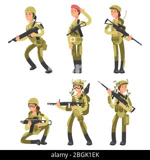 Cartoon-Figuren weibliche Soldaten in verschiedenen Aktionen Vektor-Set isoliert auf weißen Illustration Stock Vektor