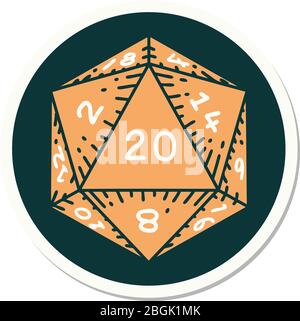 Aufkleber von Tattoo im traditionellen Stil eines d20 Würfel Stock Vektor