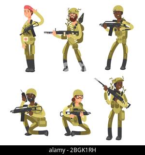 Internationale Soldaten der Armee. Militärische Mann und Frau Cartoon-Figuren auf weißem Hintergrund isoliert. Vektorgrafik Stock Vektor