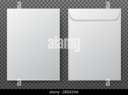 Umschlag a4. Papier weiße leere Briefumschläge für vertikale Dokumente. Vektor-Mockup auf transparentem Hintergrund isoliert. Briefumschlag Büro Mockup, Papier Brief Mail Illustration Stock Vektor