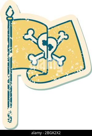 Ikonische verzweifelte Aufkleber Tattoo Stil Bild einer Piratenflagge Stock Vektor
