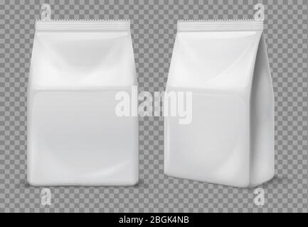 Snack-Tasche aus Papier. Lebensmittel blank weißen Beutel, Verpackung. isoliertes Modell für 3d-Vektorfolie. Snack-Tasche, Sachet Produkt, Papier-Pack-Behälter Abbildung Stock Vektor