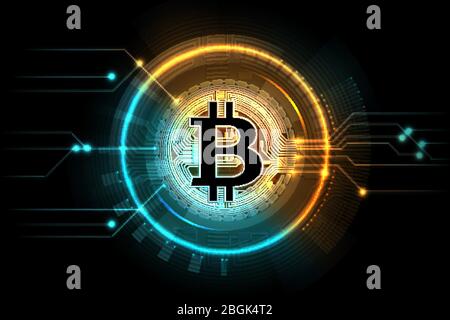 Goldbitcoin. Bergbau-Geschäft Symbol, Internet-Austausch digitalen Markt. Kryptowährung, Blockchain-Technologie Vektor Hintergrund. Bitcoin virtuell, btc beleuchten Netz, Neon helle Kryptowährung Stock Vektor