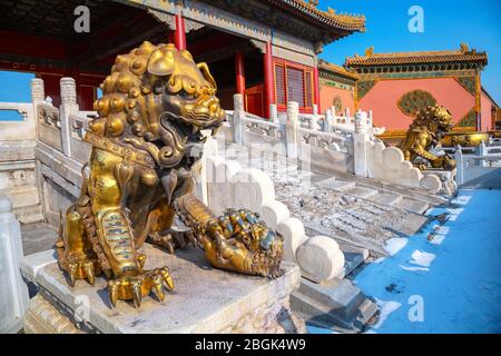 Peking, China - 9. Januar 2020: Löwenskulpturen am Qianqingmen Gate - das Tor der himmlischen Reinheit in der Verbotenen Stadt Stockfoto