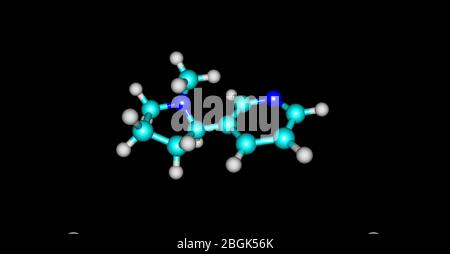 Nikotin ist ein potentes parasympathomimetisches Alkaloid, das in der Familie der Nachtschattengewächse von Pflanzen gefunden wird und ein Stimulans ist. 3d-Darstellung. Stockfoto