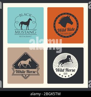 Retro Rennpferd, laufende Stute Vektor-Logos. Café und Bar Emblem mit Pony und Pferd Illustration Stock Vektor