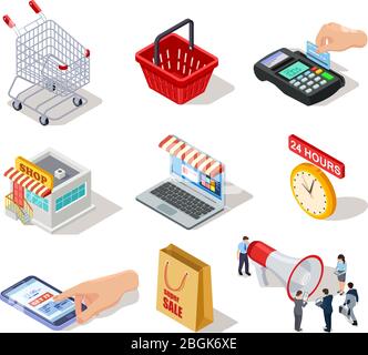Isometrische Shopping-Symbole. ECommerce Shop, Online-Shop und Internet Kauf 3d Vektor Marketing Symbole. Online-Verkauf, Einkaufswagen und Laptop Stock Vektor