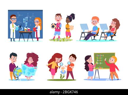 Kinder im Unterricht. Schüler lernen Geographie und Chemie, Biologie und Mathematik. Zeichentrickfigur Vektorfiguren gesetzt. Schulische Bildung und Lernen, Lehrdisziplin Illustration Stock Vektor