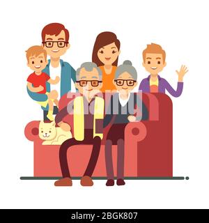 Cartoon Stil Familie isoliert auf weißem Hintergrund. Großeltern Tag glücklich altes Paar mit Enkeln. Großmutter und Großvater, Großeltern und Enkel. Vektorgrafik Stock Vektor