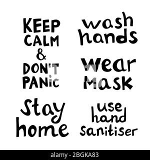 Zitate über Coronavirus. Hände waschen, zu Hause bleiben, keine Panik, Maske tragen, Desinfektionsmittel verwenden. Handgezeichnete Schriftzüge im modernen skandinavischen Stil Stock Vektor