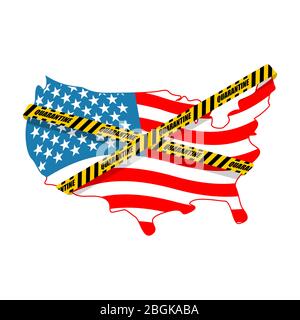 Quarantäne in den USA. Amerika Karte ist in gelbe Warnband Quarantäne verpackt. Coronavirus-Epidemie in der Welt. Ausbruch Covid-19 Pandemie. Weltkatastrophe Stock Vektor