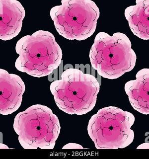 Vektor-Illustration nahtloses Muster Aquarell rosa Blumen auf schwarz Stock Vektor