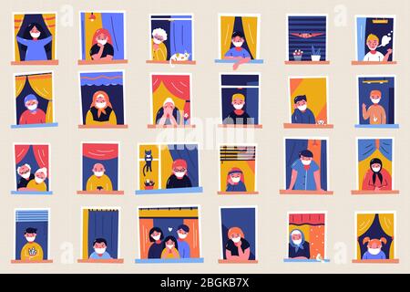 Bleiben Sie zu Hause Motivationsbanner. Menschen in Fenstern zu Hause bleiben wegen Quarantäne, arbeiten, studieren, Gitarre spielen, Lesen. Backsteinhäuser vorne. Stock Vektor