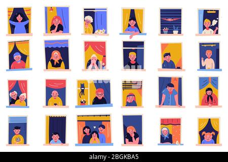 Bleiben Sie zu Hause Motivationsbanner. Menschen in Fenstern zu Hause bleiben wegen Quarantäne, arbeiten, studieren, Gitarre spielen, Lesen. Backsteinhäuser vorne. Flach Stock Vektor