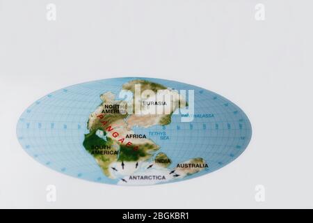 Karte mit Standort und Konfiguration von Pangaea, mit modernen Kontinenten gekennzeichnet, Farbe, **NUR REDAKTIONELLE VERWENDUNG** Stockfoto