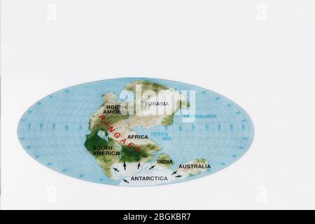 Karte mit Standort und Konfiguration von Pangaea, mit modernen Kontinenten gekennzeichnet, Farbe, **NUR REDAKTIONELLE VERWENDUNG** Stockfoto