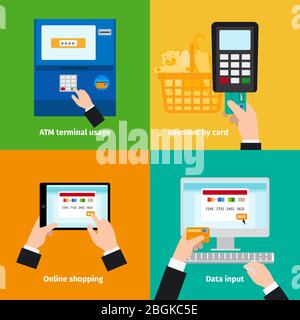 Verwendung von Kreditkarten aus Kunststoff. Geldautomat, bargeldlose Zahlung und Online-Zahlung Stock Vektor