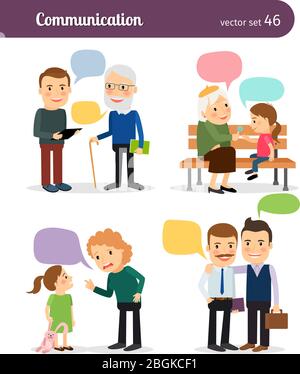 Zeichen mit Sprechblasen. Kollegen und Vorgesetzte, Eltern und Kinder. Stock Vektor