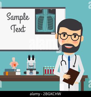 Arzt mit Röntgengerät und medizinischen Geräten. Medizinisches Labor. Vektorgrafik. Stock Vektor
