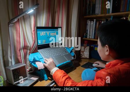 Ein Grundschüler nimmt Unterricht über Internet, studiert von zu Hause, Shanghai, China, 3. März 2020. *** Ortsunterschrift *** fachaoshi Stockfoto