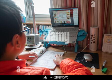 Ein Grundschüler nimmt Unterricht über Internet, studiert von zu Hause, Shanghai, China, 3. März 2020. *** Ortsunterschrift *** fachaoshi Stockfoto