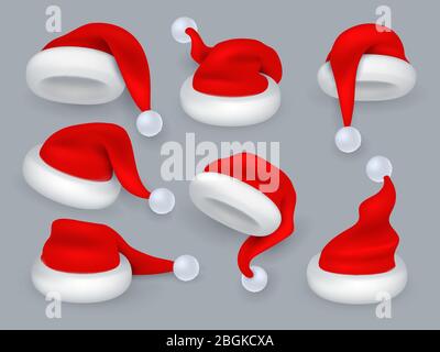 Weihnachtsmützen. Weihnachten 3d weihnachtsmann Hut, Winter Urlaub rote Mützen mit Fell. Vektor realistische isoliert Satz von weihnachtsmann Hut mit Fell, Urlaub Clothin Stock Vektor