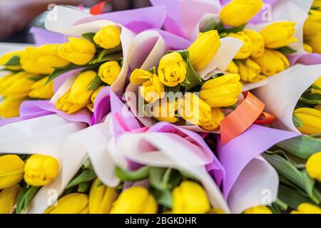 Ein Bukett von gelben Blüten. Gelbe Tulpen Stockfoto