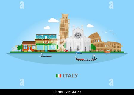 Vector Italien Skyline mit Wahrzeichen und Italien Flagge für Tourismus und Reise Banner Stock Vektor