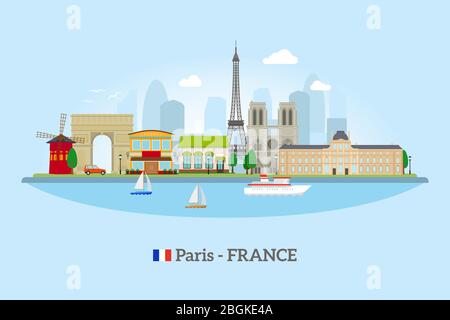 Paris Skyline im flachen Stil auf blauem Hintergrund Vektor-Illustration Stock Vektor