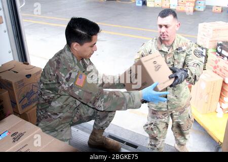 California Army National Guardsmen unter der 115. Regional Support Group laden einen LKW mit Lebensmitteln März 31 in der Sacramento Food Bank & Family Services Vertriebsstelle in Sacramento, Kalifornien. Nach wochenlanger humanitärer Unterstützung durch COVID-19 erweitern die Wachmänner ihre Verantwortung, indem sie nun als LKW-Fahrer dienen und Lebensmittel aus der Einrichtung an die Öffentlichkeit liefern. (Foto der Nationalgarde der Armee von Staff Sgt. Eddie Siguenza) Stockfoto