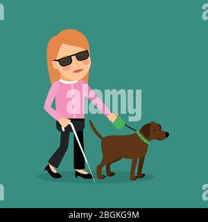 Blinde Frau mit einem Blindenhund, der zusammen läuft. Vektorilllustration. Stock Vektor