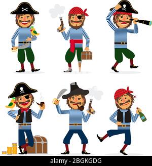 Cartoon Piraten Figuren mit Pistole und Rum und Papagei. Vektorgrafik. Stock Vektor