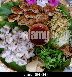 Draufsicht Bambus Tablett mit veganer Nahrung für vegetarische Mahlzeit zum Abendessen, hausgemachte Reis Nudelrolle, Tofu-Kuchen, Bohnensprossen, Kräuter, Sauce auf grünen Blatt Stockfoto