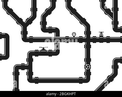 Wasser- oder Gasleitung, Rohrleitungen mit Ventilen und Rohrfittings. Abstrakter industrieller Vektor Hintergrund. Rohrleitungsarmatur für Wasser oder Gas illustrr Stock Vektor