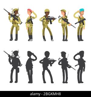 Internationale Soldaten der Armee. Silhouetten von militärischen Mann und Frau, Comic-Figuren Vektor-Illustration Stock Vektor