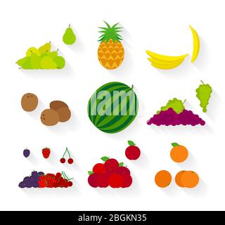 Verschiedene Früchte im flachen Stil. Vektorsymbole „Früchte“ Stock Vektor