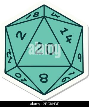 Aufkleber von Tattoo im traditionellen Stil eines d20 Würfel Stock Vektor