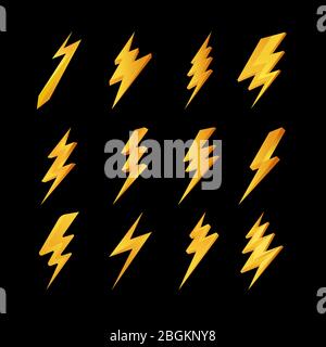 Lightning Icons Kollektion. Gelbe Blitzableitersymbole auf schwarzem Hintergrund. Vektorgrafik Stock Vektor