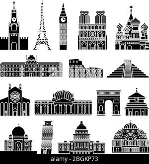 Reise-Sehenswürdigkeiten Vektor-Schwarze Symbole. Kreml und Eiffelturm, Big Ben und Notre Dame de Paris Stock Vektor