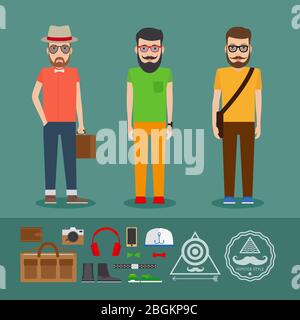 Letzter Hipster Flat Style. Kleidung und Etiketten. Vektorsatz Stock Vektor