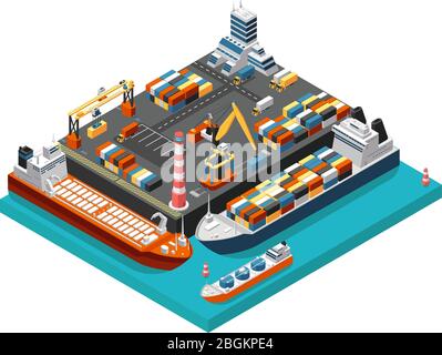 Isometrisches 3d Seehafenterminal mit Frachtschiffen, Kräne und Containern in Hafenansicht. Vektorkonzept der Schifffahrt. Transport Terminal Schiff Stock Vektor