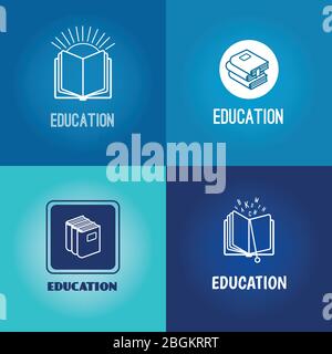 Vektor-Logo für Bildungseinrichtungen. Buch weiße Symbole auf blauem Hintergrund mit Inschrift Stock Vektor