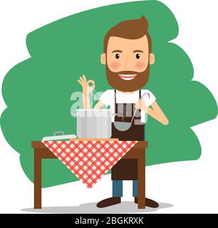 Mann, der zu Hause kocht und lächelt. Zubereitung der Mahlzeiten. Vektorgrafik. Stock Vektor